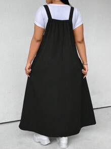 Flirla Plus Size Women Solid Casual Side Pocket Loose Long Overall Dress Maxi Women Outfit - Black - View 2