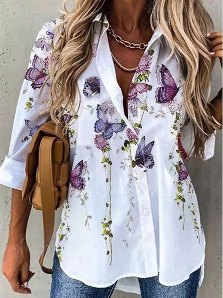 NỮ Đúng mốt Lỏng lẻo phù hợp Giải trí In Áo sơ mi Cho mùa hè Kỳ nghỉ Phong cách - trắng - Xem 1