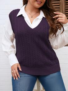 Plus Size V-Neck Sleeveless Simple Knit Top, Multicolor, For Winter - Purple - View 1