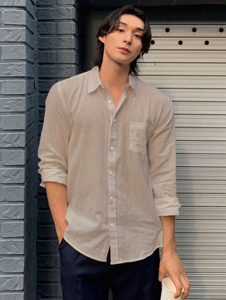 DAZY 男士纯色长袖宽松休闲口袋衬衫，夏季 - 杏色 - 查看 1