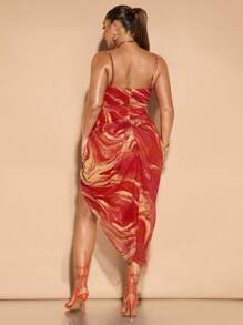 SHEIN BAE Plus Size Women's Color Rub Print Elegant Party Strap Draped Midi Dress