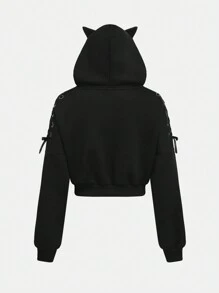 SHEIN Girlism 青少年女孩万圣节时尚街头黑猫耳朵连帽长袖抽绳套头衫，秋冬 - 黑色 - 查看 6