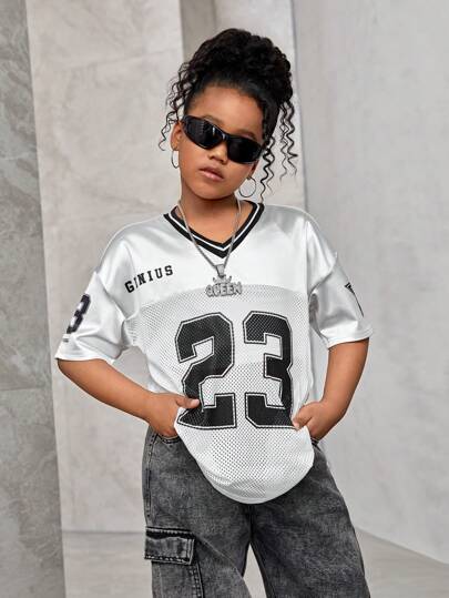 SHEIN Parte superior de manga corta con escote en V de parchwork de punto de malla estampada de tweed, estilo urbano de primavera/verano para niña preadolescente, conjuntos a juego mamá e hija (2 piezas vendidas por separado)