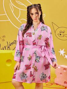 TOM & JERRY X SHEIN Plus Size Striped And Cartoon Graphic Pink Drop Shoulder Belted Robe
