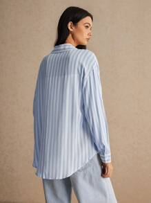 Poéselle 100% 粘胶纤维，超柔软，女士条纹花卉休闲日常穿着春夏衬衫，宽松版型，休闲轻松时尚 - 藍色 - 查看 4