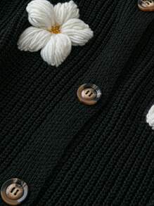 SHEIN LUNE Femmes grande taille Cardigan casual en tricot à col en V, broderie de marguerite, simple boutonnage, manches lanternes, couleur unie. Automne/Hiver
