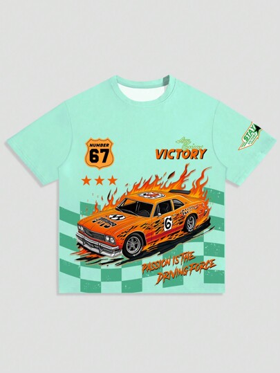 Street Life Camiseta casual de cuello redondo de manga corta con estampado de letras y autos para hombre en verano