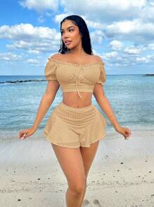 SHEIN SXY Conjunto de 2 piezas de vestimenta de vacaciones de princesa con mangas abullonadas y volantes, blanco, para vacaciones de verano para mujeres
