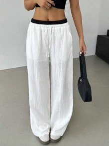 SHEIN EZwear Women's Casual Drawstring Waist Contrast Color Loose Long Pants