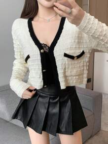 DAZY Women's Casual Striped Trim Crop Cardigan, Autumn/Winter,Fall Women Clothes - Beige - View 3