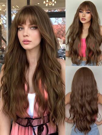 26 英寸棕色假发长卷波浪假发，浪漫美丽的合成假发，带刘海假发，适合日常生活和派对。
