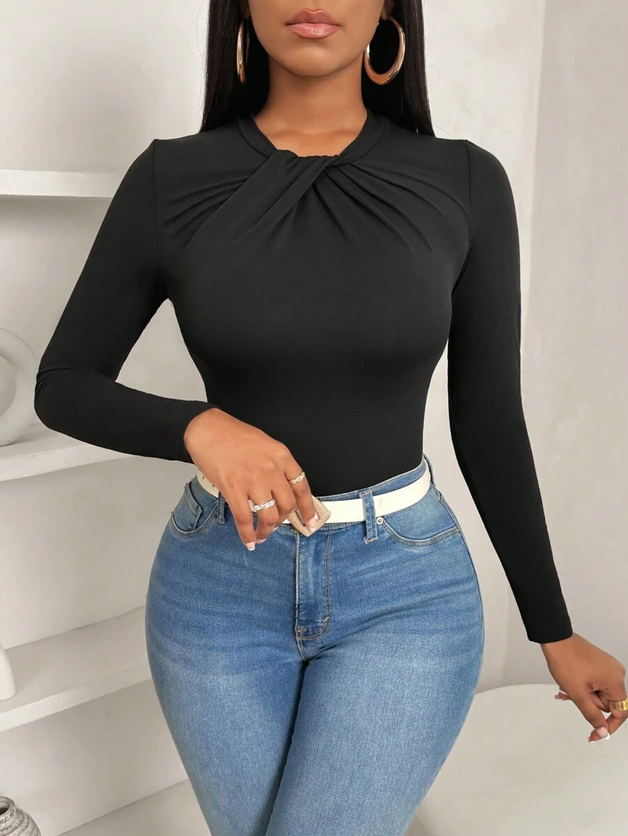 BamGleam 女式休闲优雅蝴蝶结领修身荷叶边下摆纯色长袖 T 恤，秋季女装 - 黑色 - 查看 1