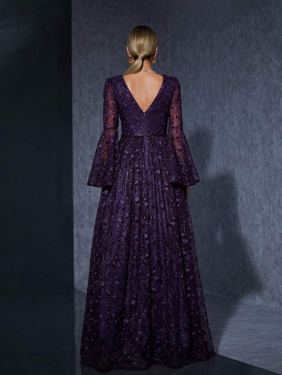 Strapless Embroidered Lace Long Trumpet High-End Evening Dress Elegant Long Sleeve Formal Prom ...