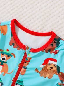 Baby Boy Cute Christmas Dog All Over Print Long Sleeve Zipper Front Snug Fit Pajama Jumpsuit - Multicolor - View 3