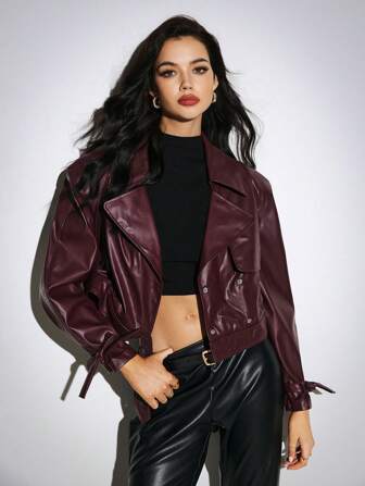Poéselle Lapel Långärmad Damjacka, överdimensionerad jacka med bred rem, Burgundy PU-läderjacka, höst-vinterkappa, enkel Chic Essential,