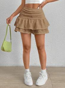 SHEIN PETITE Women's Ruffle Trim Asymmetrical Hem Skirt With Pleats - Khaki - View 3