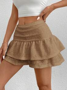 SHEIN PETITE Women's Ruffle Trim Asymmetrical Hem Skirt With Pleats - Khaki - View 5