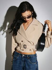 Poéselle Abrigo corto de gabardina caqui para mujeres, de doble botonadura y corte cruzado. Abrigo de gabardina informal para otoño/invierno, prendas básicas de otoño, ropa de negocios casuales, abrigo suelto