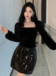 DAZY 女士纯色丝绒方领衬衫，秋季保暖内衬奢华长袖亮片新年嘉年华女装 - 黑色 - 查看 4
