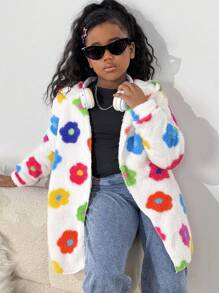 SHEIN Floral Print Reversible Fleece Hooded Jacket For Tween Girls
