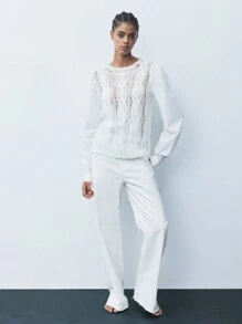 Maija Women Simple Hollow-Out Color Block Casual Sweater - White - View 3