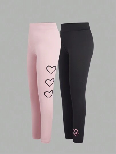 Sparklyn 2pcs Girls Leggings Combo Set - Black & Pink Colors, Heart Printed Pattern, Comfortable, Versatile Styling For Tween Girls Chic Outfits For Autumn/Winter