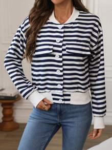 Chiquease Navy Style Blue & White Striped Casual Front Button Long Sleeve Baseball Jacket Fall Cloth For Women - Blue - View 5