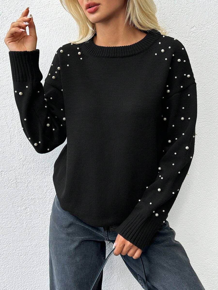 SHEIN Cottnline كنزة نسائية سوداء بياقة مستديرة مع أكمام مزينة باللؤلؤ - الأسود - مشاهدة 1