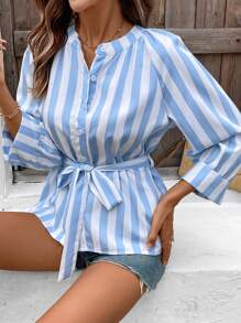 SHEIN LUNE Women Striped Print Long Sleeve Tie Front Blouse - Blue - View 3