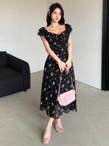 DAZY 女式夏季碎花短袖连衣裙、挤奶女工裙、太阳裙