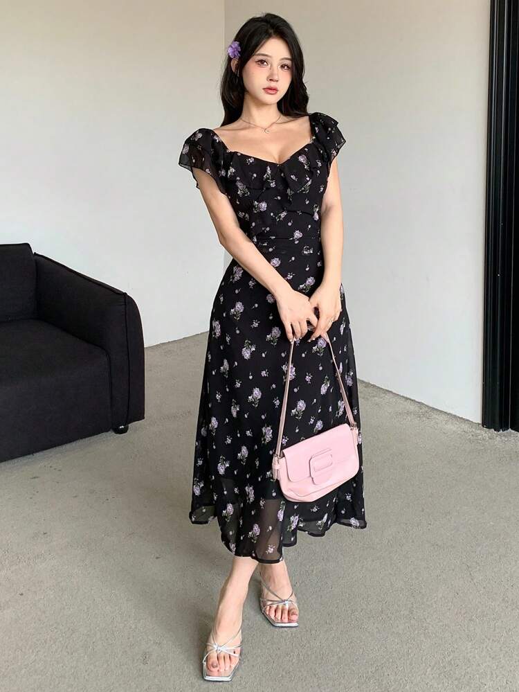 Women Full Ditsy Floral Short Sleeve Dress Summer,Milkmaid Dress Sundress Vacation Outfits Women Easter Maxi Dress Boho