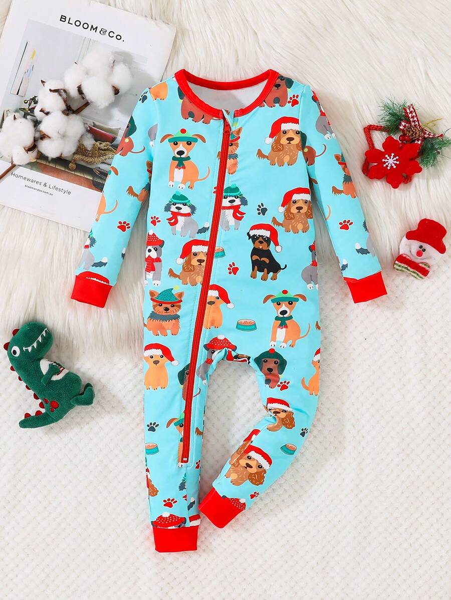 Baby Boy Cute Christmas Dog All Over Print Long Sleeve Zipper Front Snug Fit Pajama Jumpsuit - Multicolor - View 1