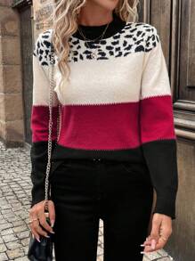 SHEIN LUNE 休闲秋冬法式街头时尚豹纹红色女士长袖毛衣，长袖上衣 - 彩色 - 查看 4