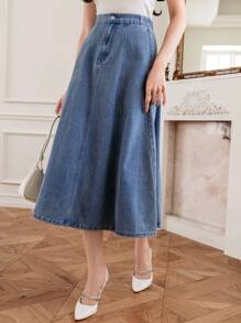 DAZY 女士长款拉链前开襟休闲牛仔A字裙 - 中等水洗藍 - 查看 4