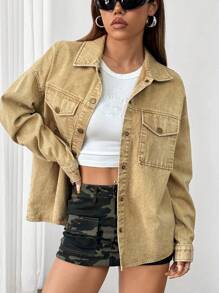 SHEIN EZwear Women's Spring And Autumn Khaki Distressed Textured Jacket, Casual Clothes