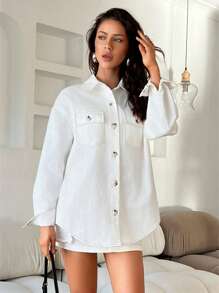 Aloruh Women's Casual Loose Contrast Color Solid Collar Long Sleeve Open Front Washed Cotton Denim Shirt White Regular Jacket For Fall And Winter