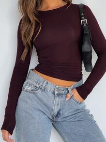 Elegant & Versatile Women Plain Crew Neck Long Sleeve Ruched Fitted Slim Fit T-Shirt,Suitable For Summer And Autumn/Winter Seasons - Màu tím - Xem 2