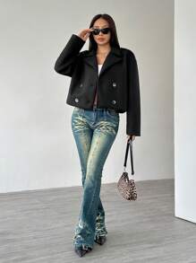 Flirla Women's Turn-Down Collar Long Sleeve Button Elegant Black Short Jacket - Black - View 6