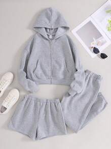 Set sportivo casual in 3 pezzi da ragazza tween per autunno/inverno: felpa con cappuccio in maglia grigia a maniche lunghe, pantaloni della tuta a gamba dritta, in pile spesso