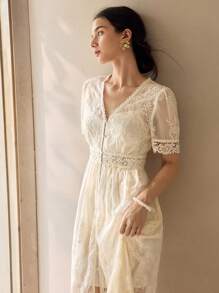 Women's Solid Color Simple Daily V-Neck Short Sleeve Lace Patchwork Dress - Beige - View 4