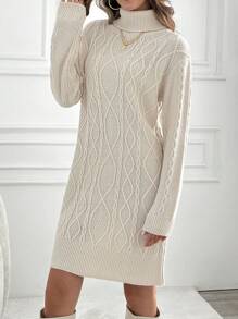 EURMUSE Knitwear Dress With Folded Neck And Cable Pattern - Beige - View 5