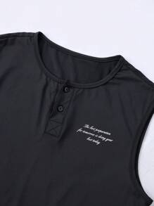 GymBeat Boyfriend Style Men's Solid Color Front Button Placket Letter Print Casual Sleeveless Tank Top School Compression Shirt Men - Black - View 6