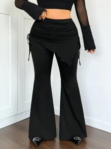SHEIN ICON ICON Plus Drawstring Side Ruched Flare Leg Pants - Black - View 5