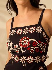 CAJUNI Vestido corto de verano casual de vacaciones bohemio para mujeres con estampado tropical, azalea, girasol en negro sin tirantes