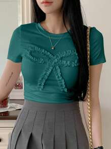 DAZY Áo thun nữ tay ngắn cổ tròn màu trơn, họa tiết nơ, thường ngày mùa hè, áo thun họa tiết - Màu xanh lá cây đậm - Xem 3