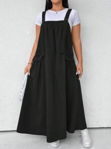 Flirla Plus Size Women Solid Casual Side Pocket Loose Long Overall Dress Maxi Women Outfit - Black - View 3