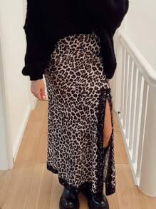 SHEIN Essnce Women Leopard Print Contrast Lace High Waist Skirt, Casual - Multicolor - View 4