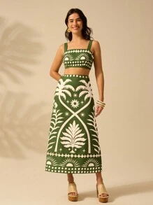 CAJUNI 2pcs Women Summer Vacation Sun And Coconut Tree Print Cropped Cami Top And Fitted Maxi Skirt Green Casual Tropical Boho Set