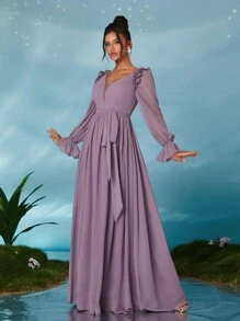 Women's Frill Trim Lantern Sleeve Chiffon Maxi Dress - Dusty Purple - View 5