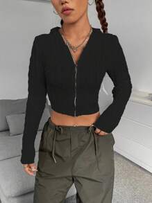 SHEIN Unity Cárdigan corto de manga larga con cremallera frontal - Vestimenta casual sexy y versátil - Negro - Ver 3